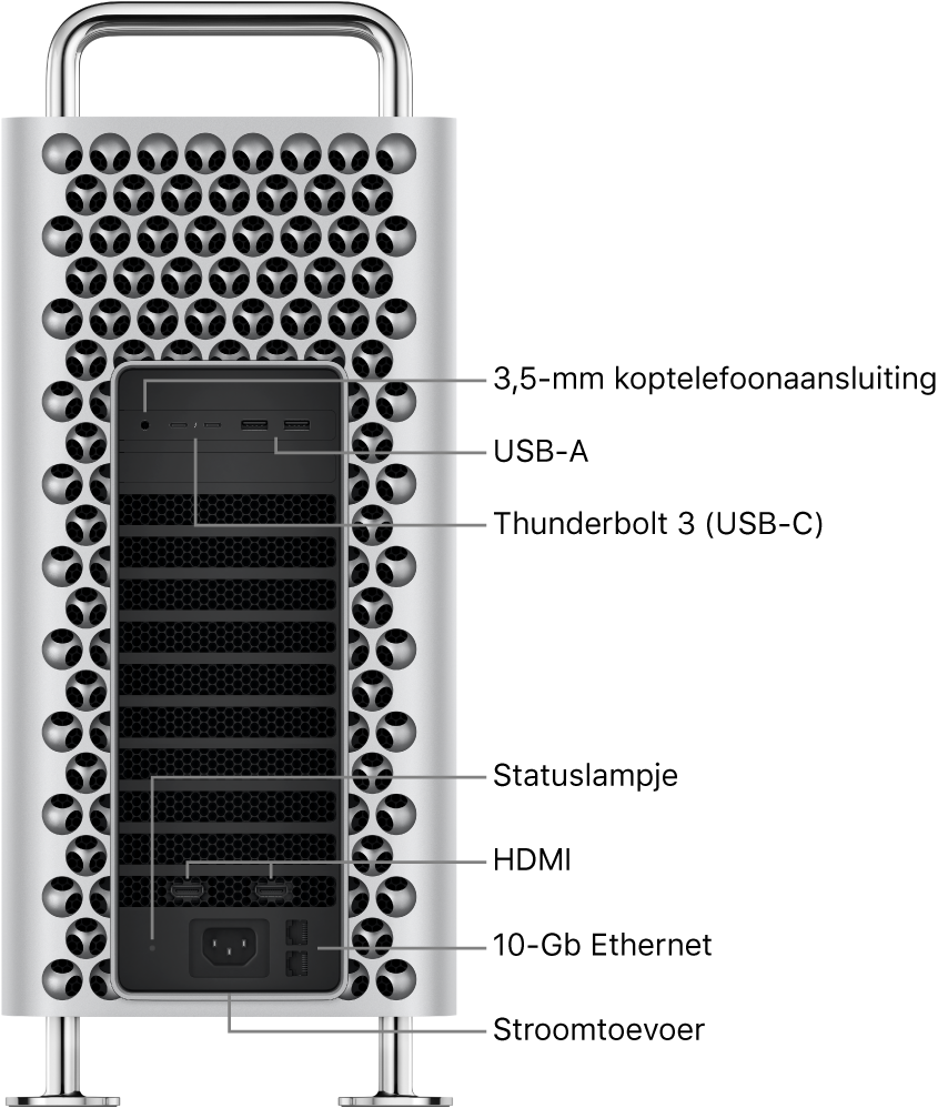 De zijkant van de Mac Pro met de 3,5-mm koptelefoonaansluiting, twee USB-A-poorten, twee Thunderbolt 3-poorten (USB-C), een statuslampje, twee HDMI-poorten, twee 10 Gigabit Ethernet-poorten en een poort voor het netsnoer.
