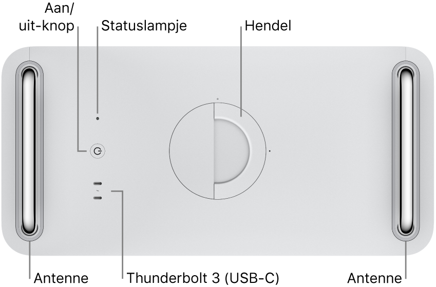 De bovenkant van de Mac Pro met de aan/uit-knop, een indicatielampje voor het systeem, een vergrendeling, een antenne en twee Thunderbolt 3-poorten (USB-C).