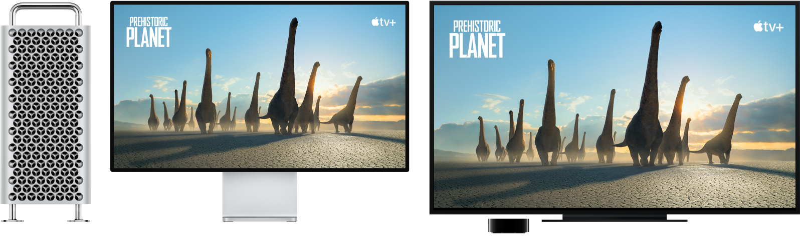 Een Mac Pro waarvan de inhoud via een Apple TV wordt weergegeven op een grote HD-tv.
