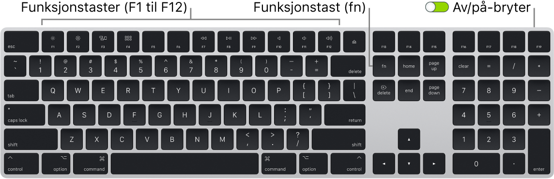 Magic Keyboard-tastatur som viser funksjonstasten nede til venstre og av/på-bryteren øverst på høyre kant av tastaturet.