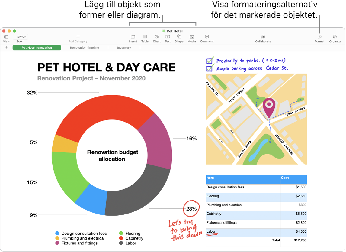Okno aplikacije Numbers z orodno vrstico z orodji za urejanje. Zgoraj desno je gumb Collaborate, na desni strani pa sta gumba Format in Organize.