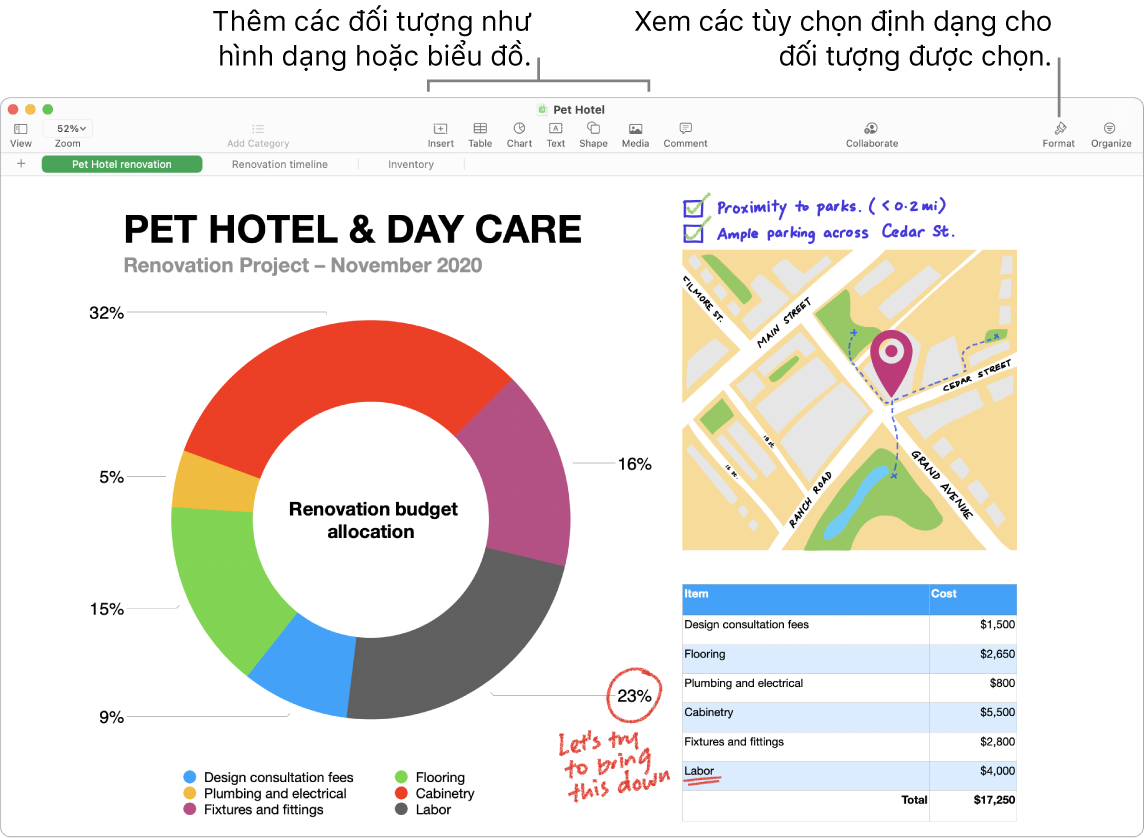Một cửa sổ Numbers với thanh công cụ và các công cụ sửa ở trên cùng, nút Cộng tác ở gần trên cùng bên phải và các nút Định dạng và Tổ chức ở bên phải.