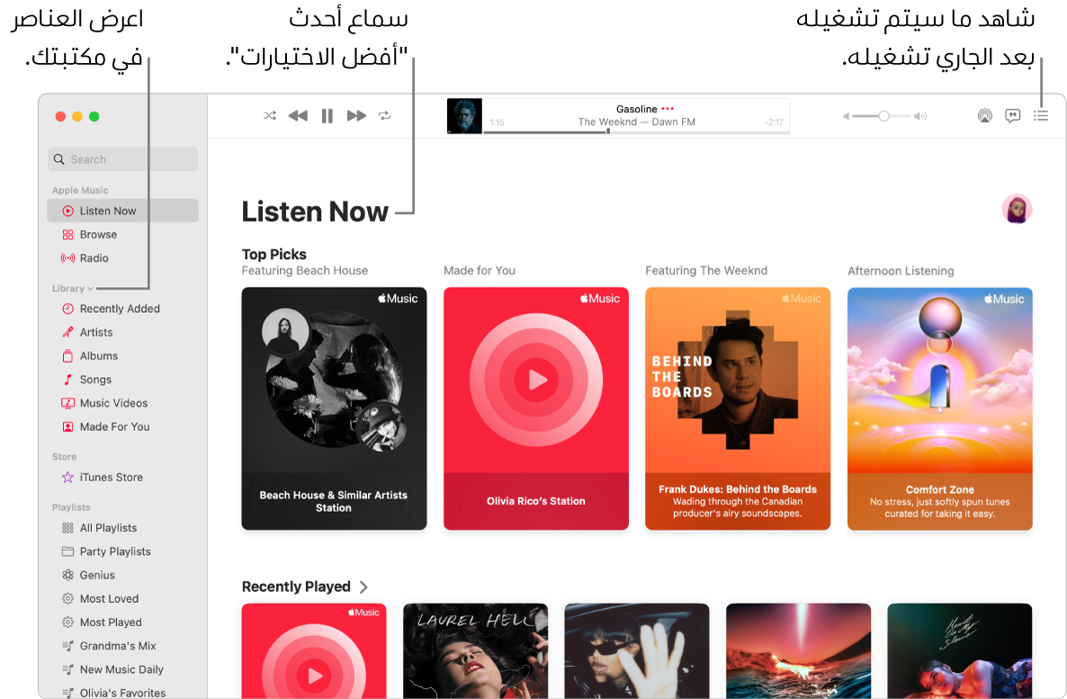 نافذة في تطبيق الموسيقى تعرض كيفية عرض مكتبتك والاستماع إلى Apple Music ومعرفة ما سيتم تشغيله بعد ذلك.