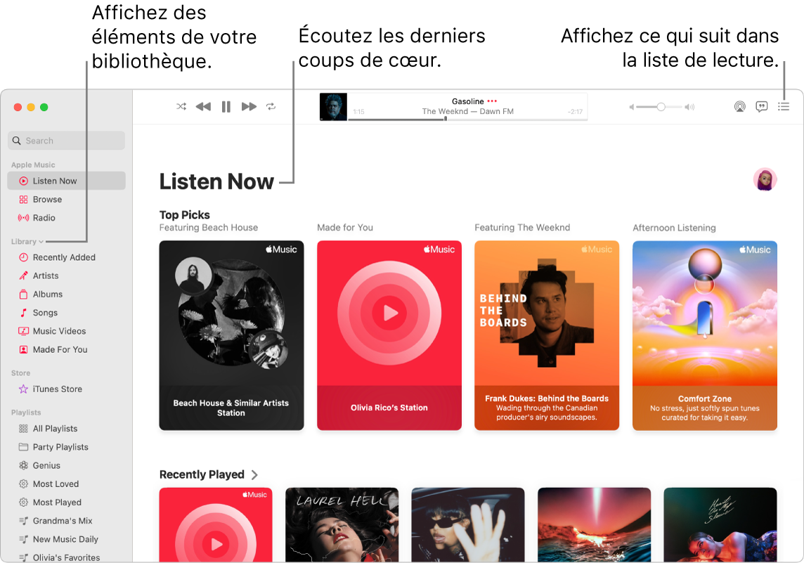 La fenêtre de l’app Musique indiquant comment afficher votre bibliothèque, écouter Apple Music et voir le prochain morceau.