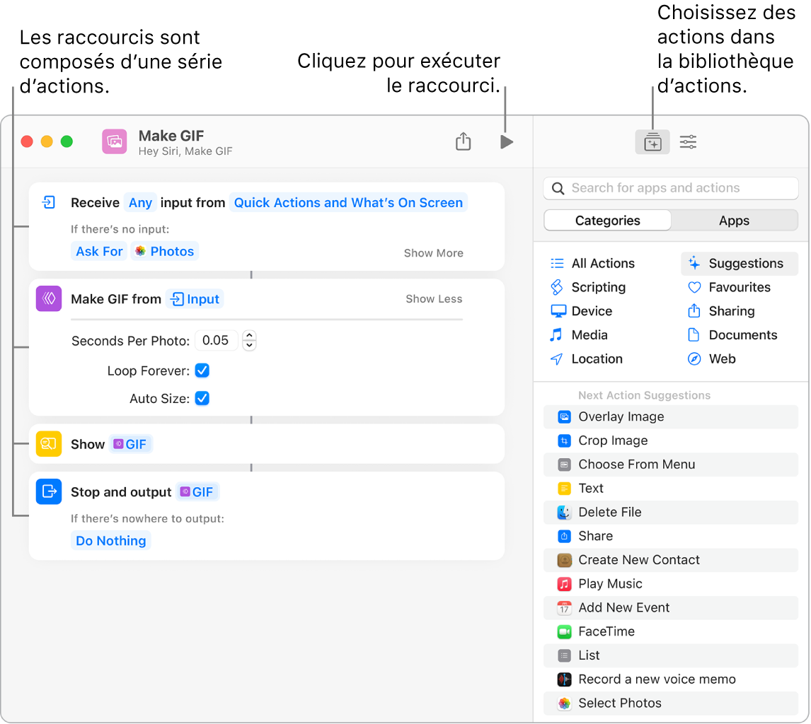 L’éditeur de raccourcis « Créer GIF » sur la gauche et la bibliothèque d’actions sur la droite.