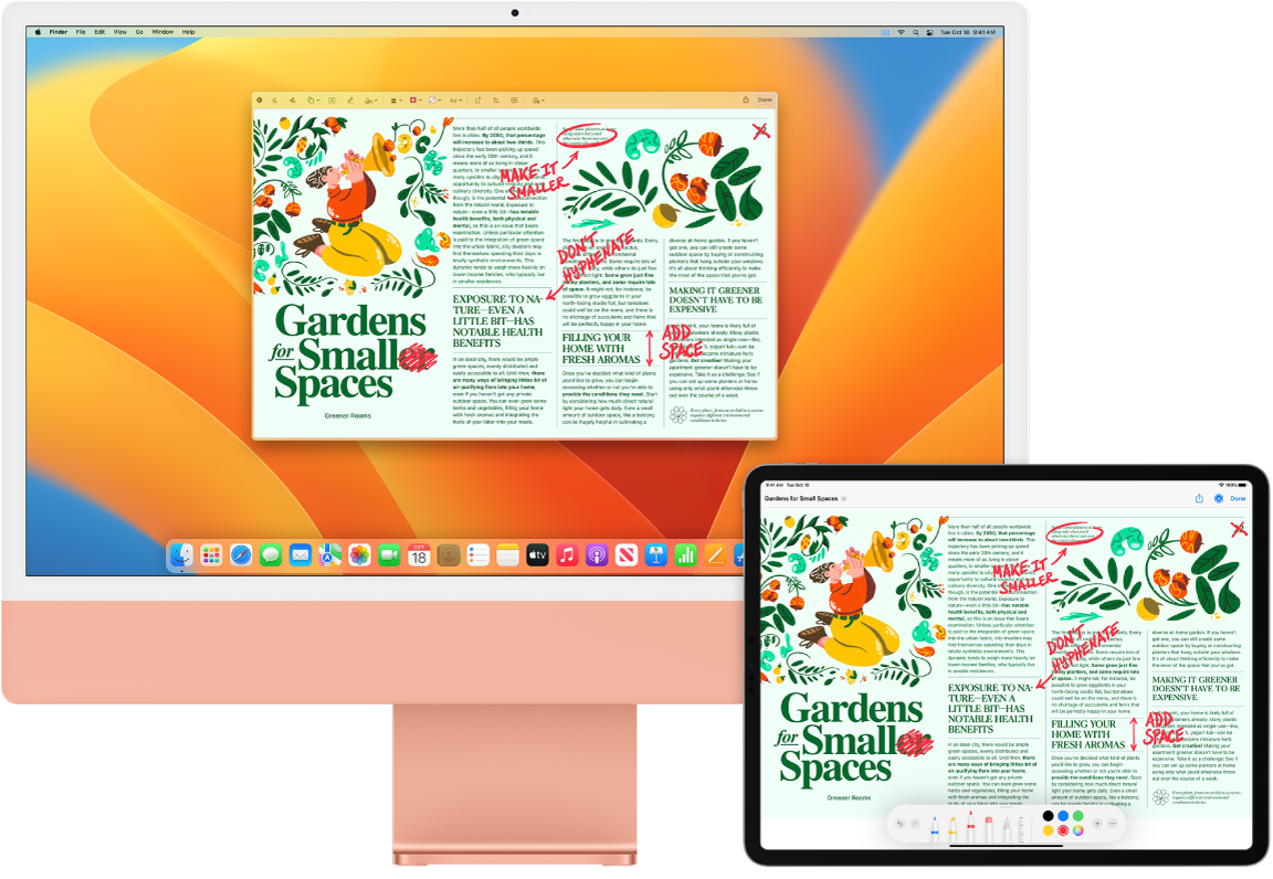 iMac ו-iPad מונחים זה לצד זה. שני המסכים מציגים מאמר המכוסה בתיקונים אדומים קטנים בכתב יד, כמו משפטים מחוקים בקו, חצים ומילים שנוספו. ב-iPad יש פקדי סימון גם בתחתית המסך.