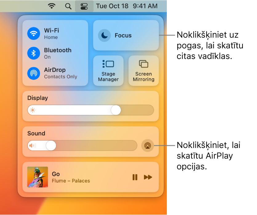 Tuvināts izvēlnes Control Center skats Mac datorā.