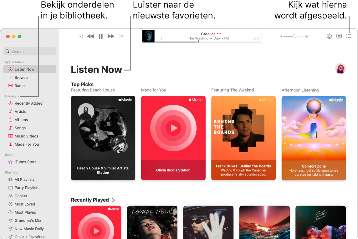 Een venster van de Muziek-app waarin wordt aangegeven hoe je je bibliotheek bekijkt, naar Apple Music luistert en ziet wat er als volgende wordt afgespeeld.