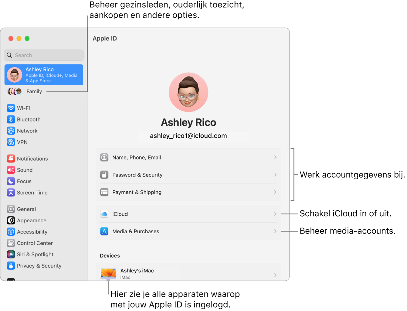 De instellingen voor de Apple ID in Systeeminstellingen, met bijschriften voor de opties waarmee je je accountgegevens bijwerkt, iCloud-voorzieningen in- of uitschakelt, media-accounts beheert en gezinsinstellingen wijzigt om gezinsleden, ouderlijk toezicht, aankopen en andere opties te beheren.