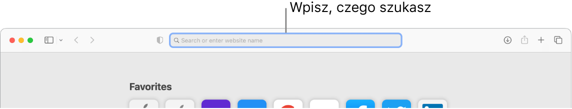 Fragment okna Safari z objaśnieniem wskazującym pole wyszukiwania na górze okna.