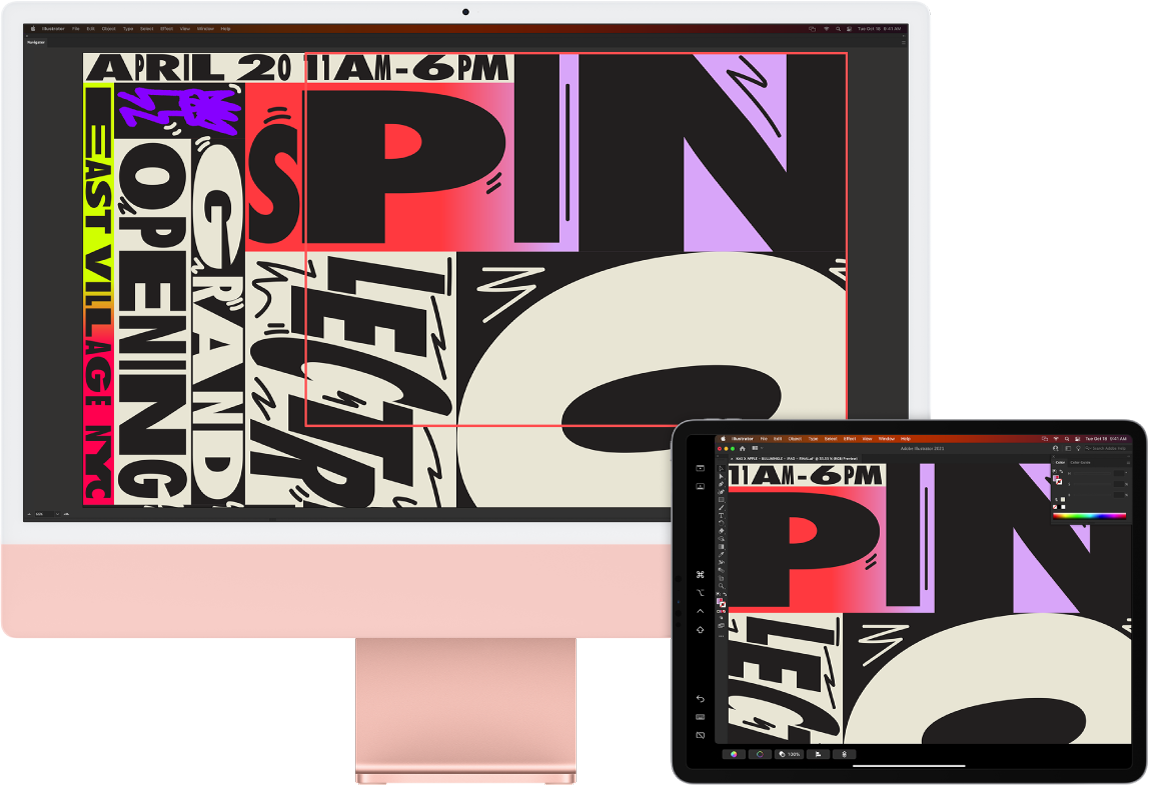 Un iMac și un iPad sunt alăturate. iMac-ul afișează ilustrația în fereastra de navigație din Illustrator. iPad-ul afișează aceeași ilustrație în fereastra documentului din Illustrator, înconjurată de bare de instrumente.