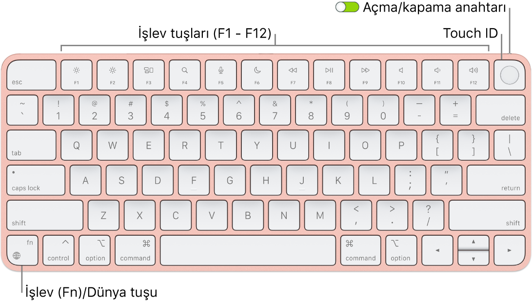 En üstte Touch ID ile işlev tuşları sırasını ve sol alt köşede İşlev (Fn)/Dünya tuşunu gösteren Touch ID’li Magic Keyboard.
