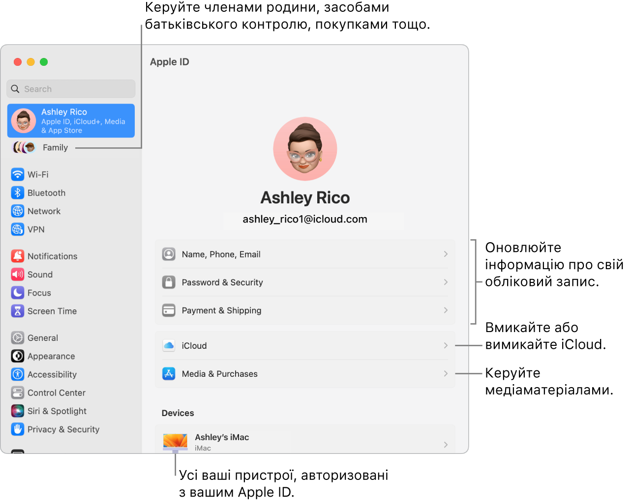Параметри Apple ID в системних параметрах з виносками для оновлення інформації про обліковий запис, увімкнення і вимкнення функцій iCloud, керування обліковими записами в соцмережах, а також розділ «Родина», в якому можна керувати учасниками родини, батьківським контролем, покупками тощо.