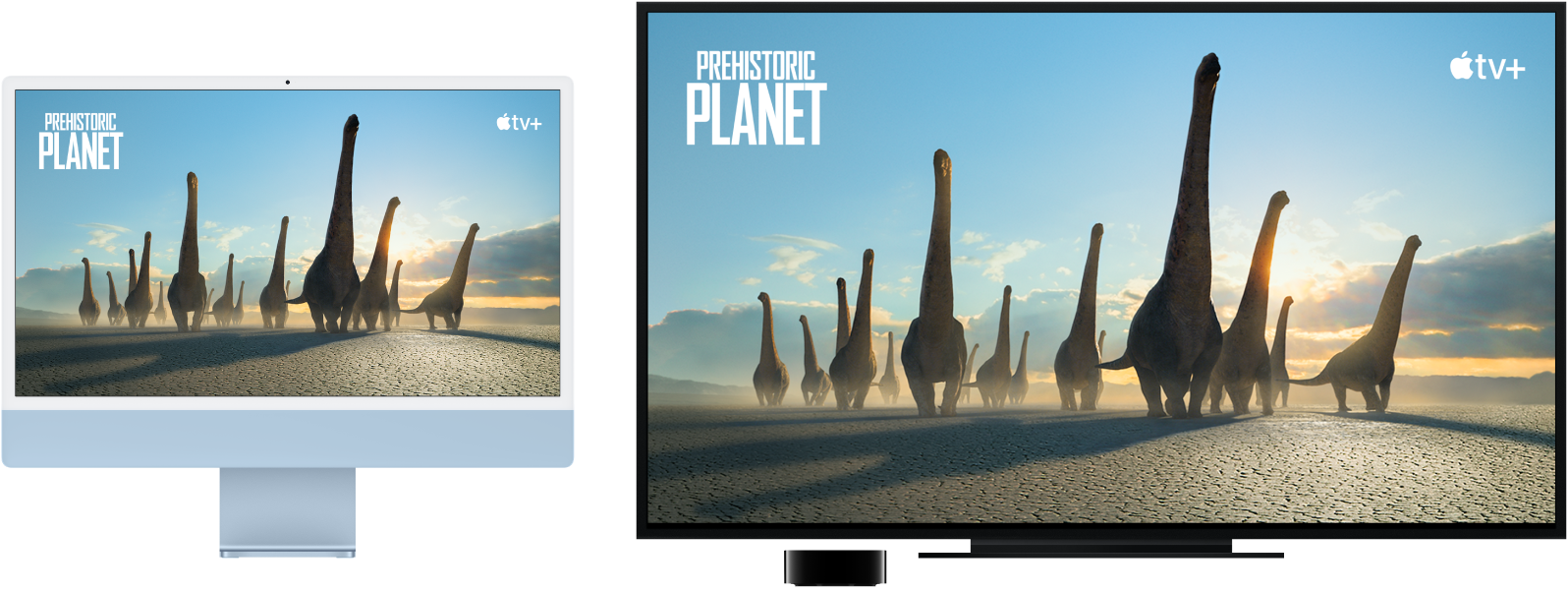 iMac với nội dung được phản chiếu trên HDTV lớn bằng Apple TV.