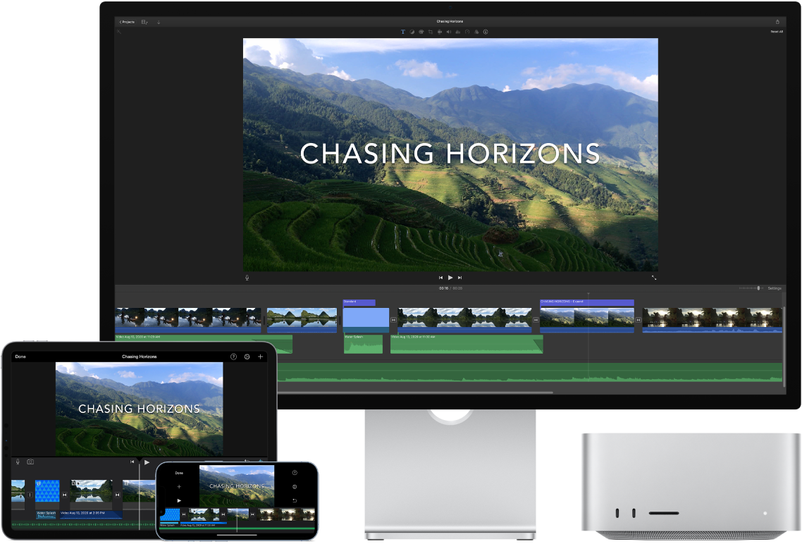 محتوى متطابق يتم عرضه على الـ Mac Studio والـ iPad والـ iPhone.