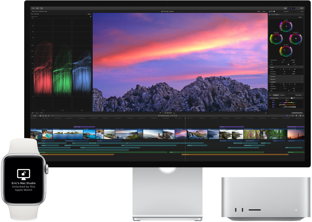 جهاز Mac Studio بجانب ساعة Apple Watch يعرض رسالة مفادها أن الـ Mac قد تم فتح قفله بواسطة الساعة.