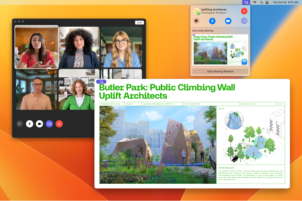 Споделяне на приложение с група FaceTime участници, отворен прозорец на Keynote, който те гледат, и по-малък прозорец с бутоните за управление на SharePlay.