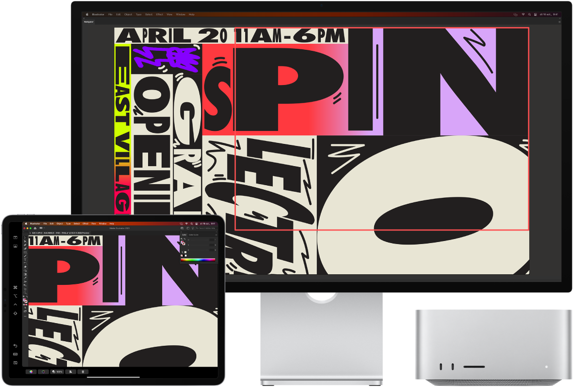 Un Mac Studio al costat d’un iPad. El Mac Studio amb una imatge a la finestra de navegació de l’Illustrator. A l’iPad es veu la mateixa imatge a la finestra de document de l’Illustrator envoltada de barres d’eines.