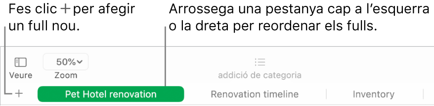 Una finestra del Numbers que mostra com afegir un full nou i com reordenar els fulls.