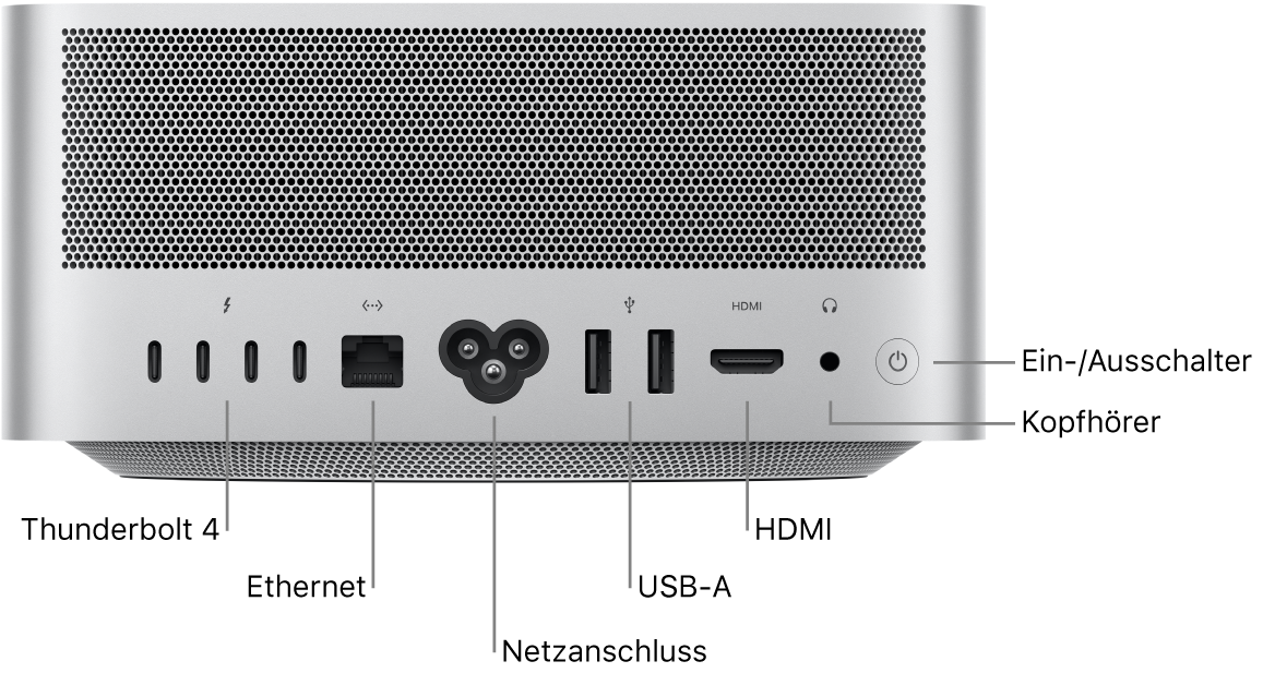 Die Rückseite des Mac Studio mit vier Thunderbolt 4 (USB-C)-Anschlüssen, dem Gigabit-Ethernetanschluss, dem Netzanschluss, zwei USB-A-Anschlüssen, dem HDMI-Anschluss, dem 3,5-mm-Kopfhöreranschluss und dem Ein-/Ausschalter