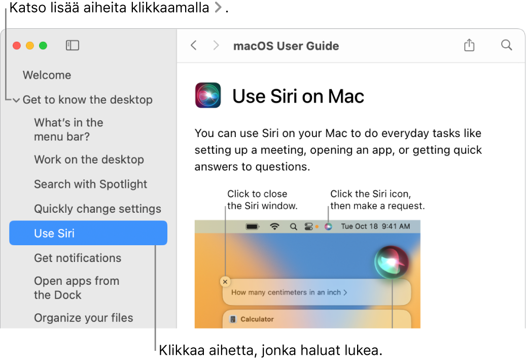 Ohje-katseluikkuna, joka havainnollistaa, miten sivupalkissa lueteltuja aiheita voi selata ja miten aiheen sisällön saa aukaistua.