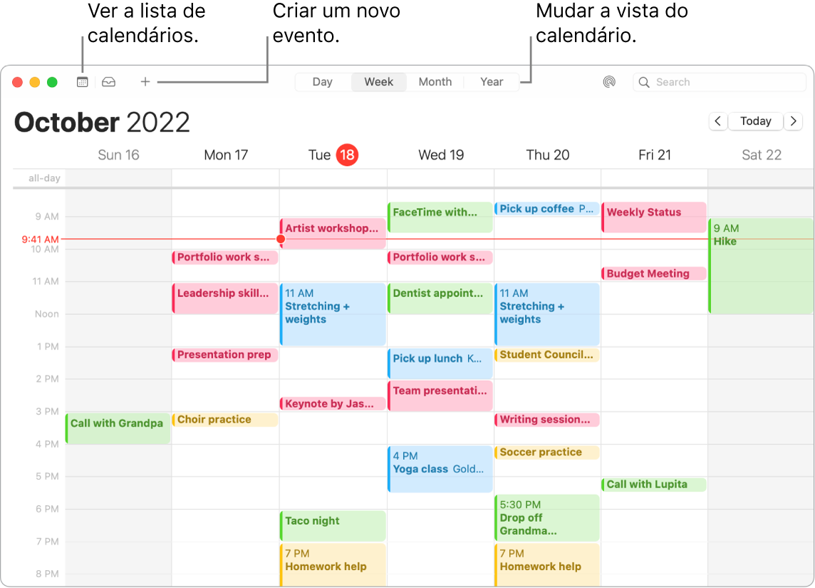 Uma janela do Calendário a mostrar a lista de calendários, como criar um evento e como escolher a vista diária, semanal, mensal ou anual.