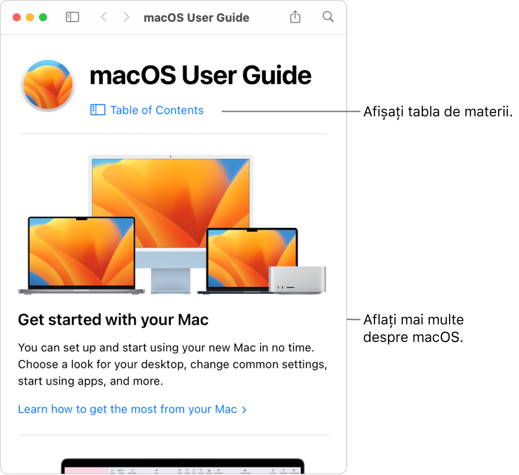 Pagina de bun venit a Manualului de utilizare macOS afișând linkul Tablă de materii.