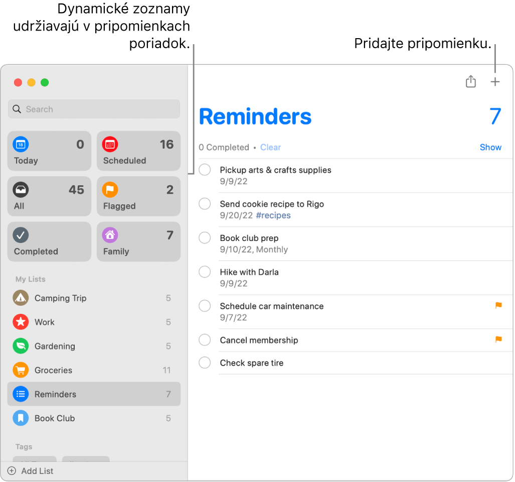 Okno apky Pripomienky s dynamickými zoznamami naľavo a ďalšími pripomienkami a zoznamami nižšie. Kurzor je na pripomienke. Zobrazujú sa popisy na dynamické zoznamy a tlačidlo Pridať novú pripomienku.