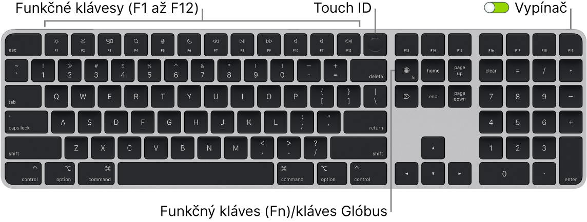 Klávesnica Magic Keyboard s Touch ID a numerickou klávesnicou, na ktorej je vidieť rad funkčných klávesov a senzor Touch ID v hornej časti a funkčný kláves (Fn)/kláves Glóbus napravo od klávesu Delete.