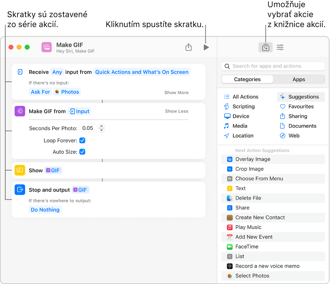 Editor skratiek Vytvoriť GIF naľavo a knižnica akcií napravo.