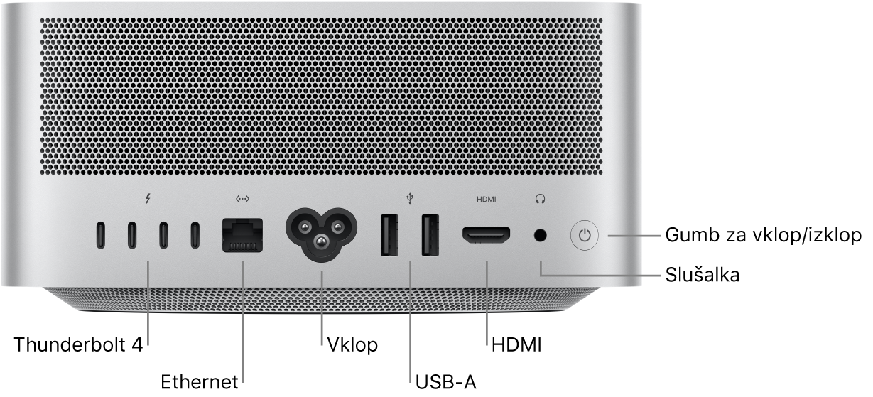 Zadnja stran Mac Studio prikazuje štiri vrata Thunderbolt 4 (USB-C), vrata Gigabit Ethernet, vrata za napajanje, dva vrata USB-A, vrata HDMI, 3,5 mm priključek za slušalke in gumb za vklop.