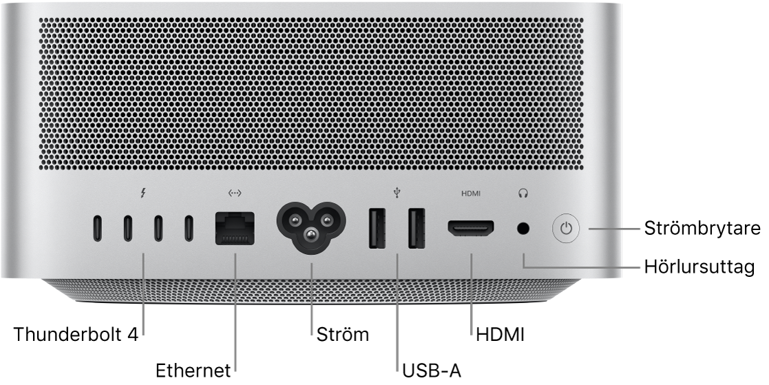 Baksidan på Mac Studio visar fyra Thunderbolt 4 (USB-C)-portar, Gigabit Ethernet-porten, strömporten, två USB-A-portar, HDMI-porten, 3,5 mm hörlursuttag och strömbrytaren.