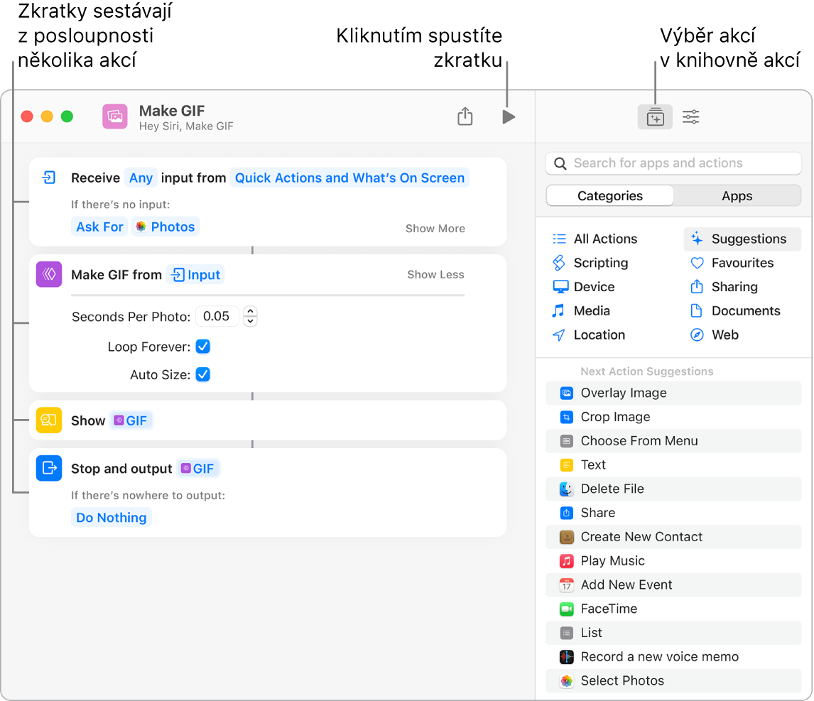 Editor zkratek „Make GIF“ vlevo a knihovna akcí vpravo