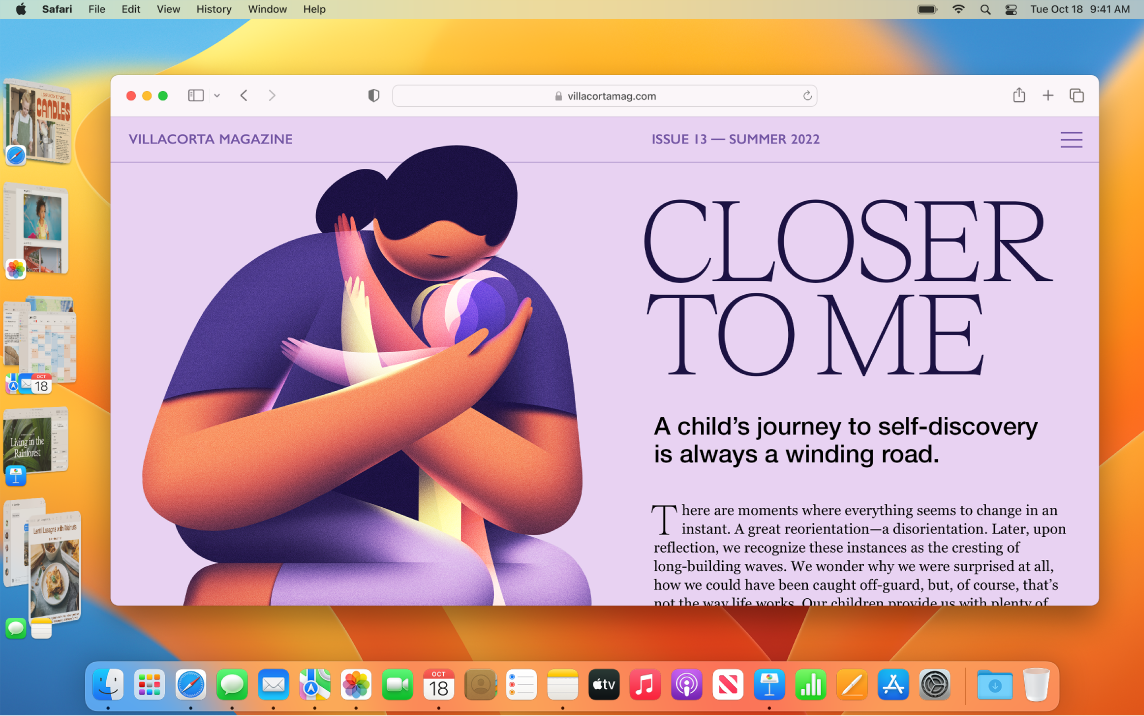 Obrazovka s oknem Safari uprostřed a dalšími otevřenými aplikacemi rozmístěnými po levé straně pomocí Stage Manageru