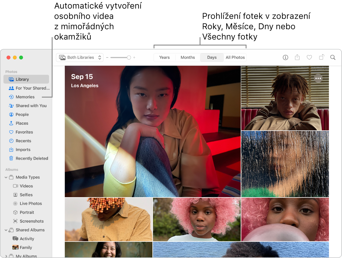 Okno aplikace Fotky s funkcí Vzpomínky na bočním panelu vlevo a místní nabídkou v horní části, která umožňuje zobrazit fotky v albu podle dní, měsíců či let