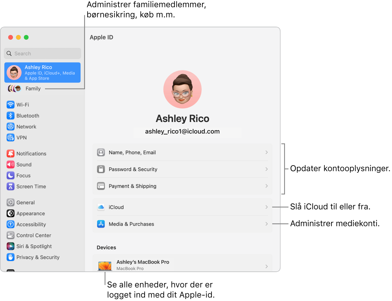 Indstillingerne til Apple-id i Systemindstillinger med billedforklaringer til at opdatere kontooplysninger, slå iCloud--funktioner til og fra, administrere mediekonti samt Familie, hvor du kan administrere familiemedlemmer, børnesikring m.m.