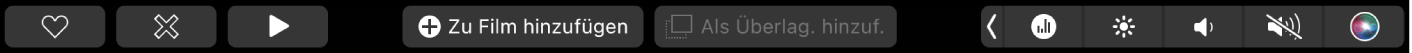 Die iMovie-Touch Bar mit Tasten zum Wiedergeben, zum Hinzufügen zum Film sowie zum Hinzufügen als Überlagerung.
