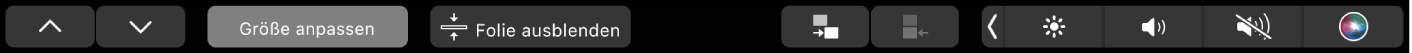 Die Keynote-Touch Bar mit den Pfeiltasten sowie den Tasten „Größe anpassen“, „Folie ausblenden“, „Folie einrücken“ und „Folie ausrücken“.