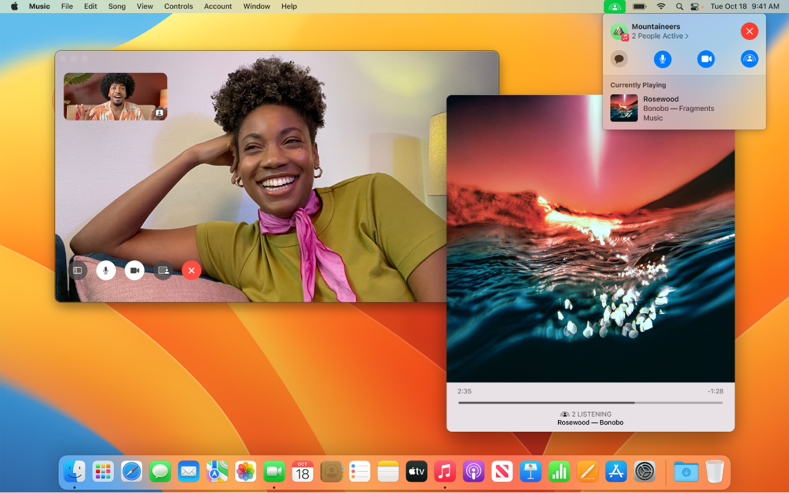 Jagatud kuulamiskogemus, kus kuulajad on FaceTime'i aknas ning rakenduse Music aknas esitatakse lugu.