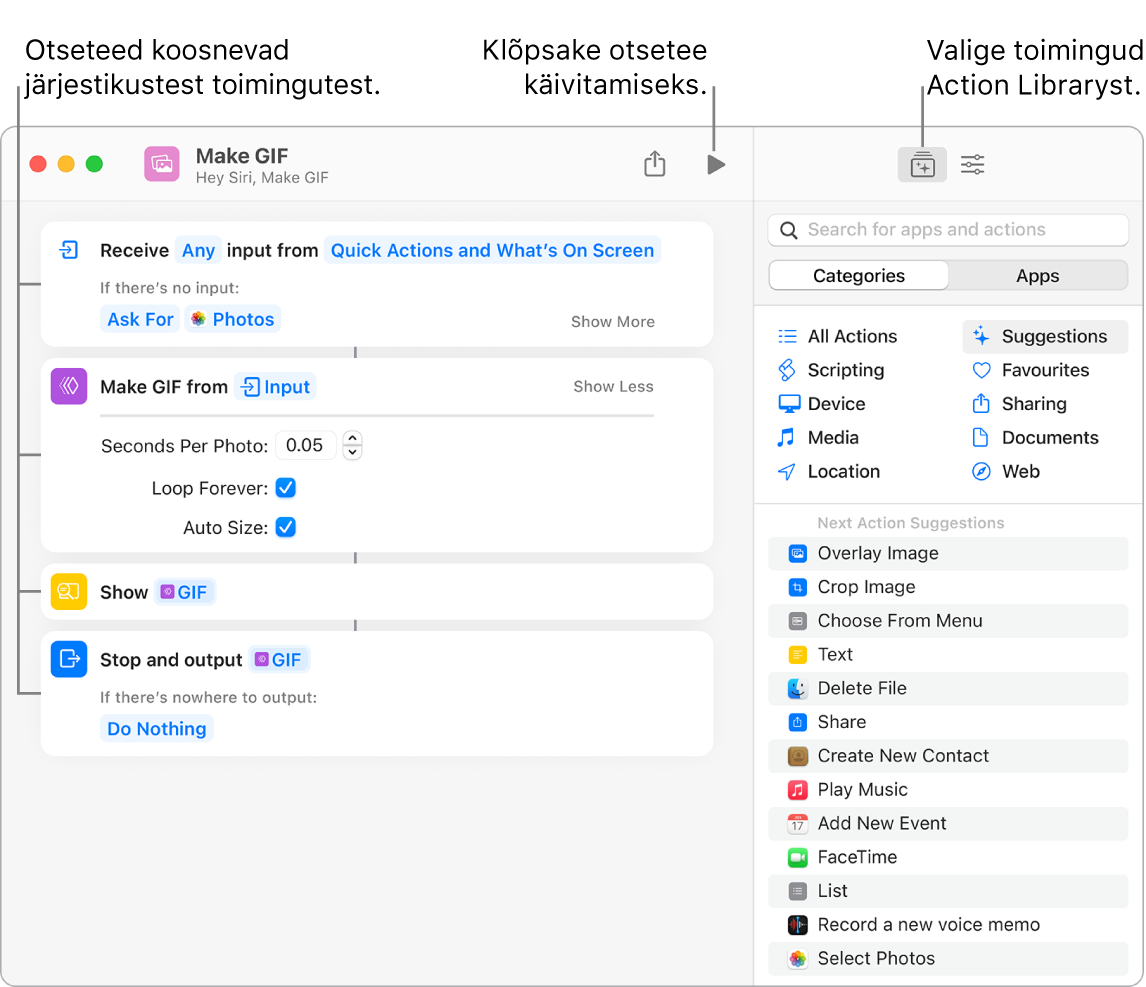 Otsetee töötleja Make GIF vasakul ning toimingute kogu paremal.
