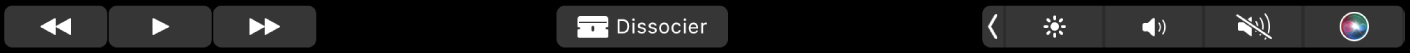 Touch Bar d’iMovie lorsqu’un plan est en cours de lecture. Il existe des boutons permettant de revenir en arrière, de lire, d’avancer, de scinder et d’ajuster le volume.