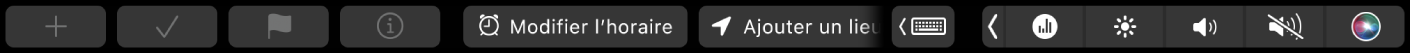 Touch Bar Rappels avec des boutons pour un nouveau rappel, cocher, marquer d’un drapeau, obtenir des infos, « Modifier l’horaire » et « Ajouter un lieu ».