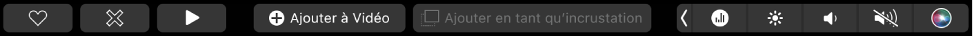 Touch Bar d’iMovie affichant des boutons pour lire, ajouter à un film, et ajouter en tant qu’incrustation vidéo.