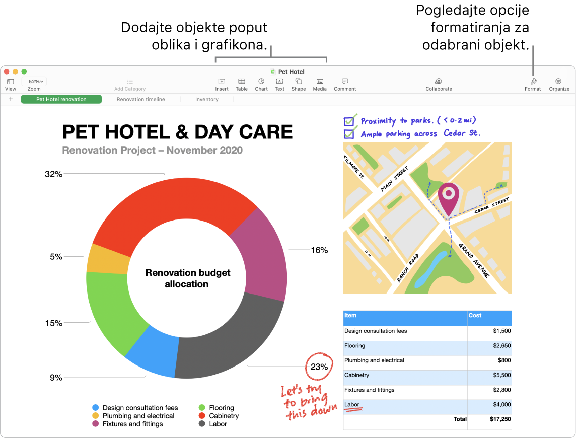 Prozor aplikacije Numbers s alatnom trakom i alate za uređivanje na vrhu, tipku za suradnju u blizini gornjeg desnog dijela te tipke Format i Organiziraj s desne strane.