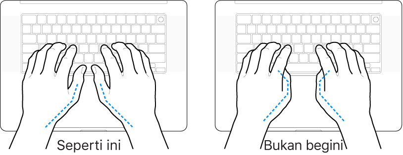 Tangan diposisikan di atas papan ketik, menampilkan letak ibu jari yang benar dan salah.