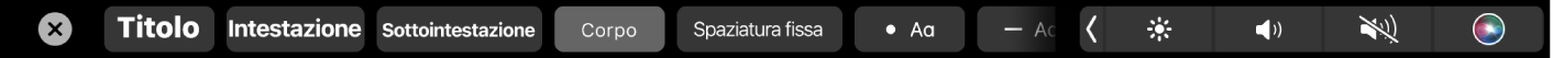 La Touch Bar di Note con i pulsanti per impostare lo stile dei paragrafi tra cui il titolo, l'intestazione e il corpo del testo oltre a quelli per definire la formattazione degli elenchi, quali elenco puntato, numerato o con i trattini.