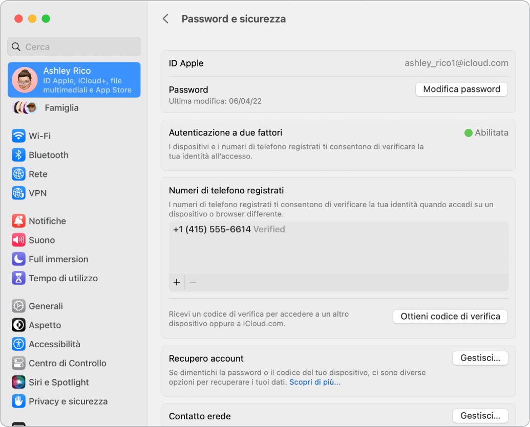 La sezione “Password e sicurezza” di ID Apple in Impostazioni di Sistema. Da qui puoi configurare “Recupero account” o “Contatto erede”.
