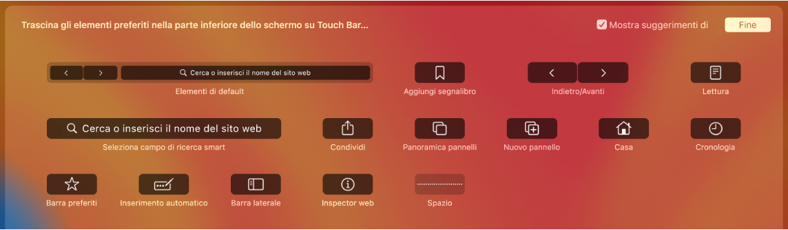 Le opzioni di personalizzazione in Safari che possono essere trascinate nella Touch Bar.