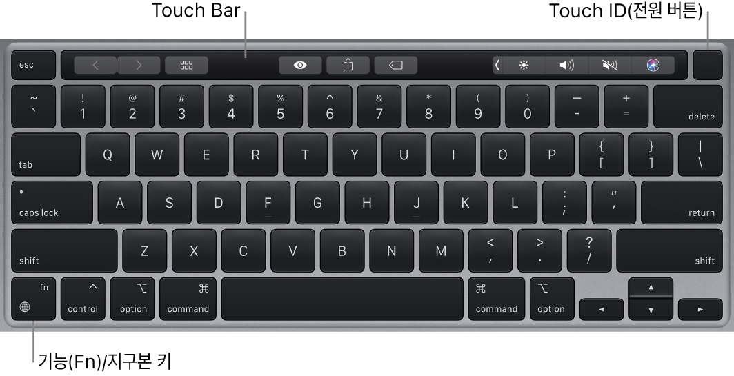 상단 전체에 있는 Touch Bar 및 Touch ID(전원 버튼) 및 키보드의 왼쪽 하단 모서리에 있는 기능(Fn) 키/지구본 키를 보여주는 MacBook Pro 키보드.