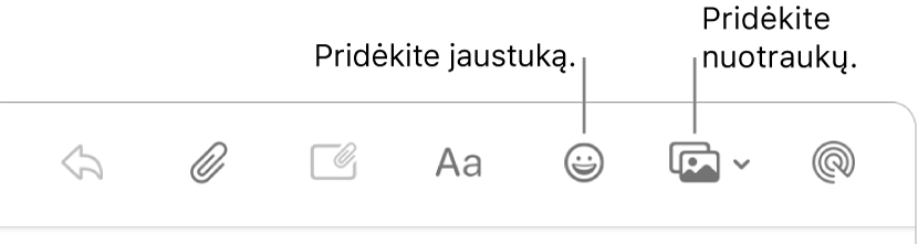 El. laiško kūrimo lange rodomi jaustukų ir nuotraukų mygtukai.